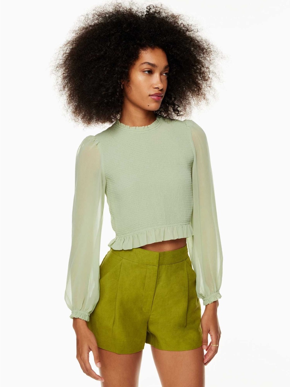 Aritzia Wilfred Tempest Smocked Ruffle Hem Top Light Green Size Small - Picture 2 of 10